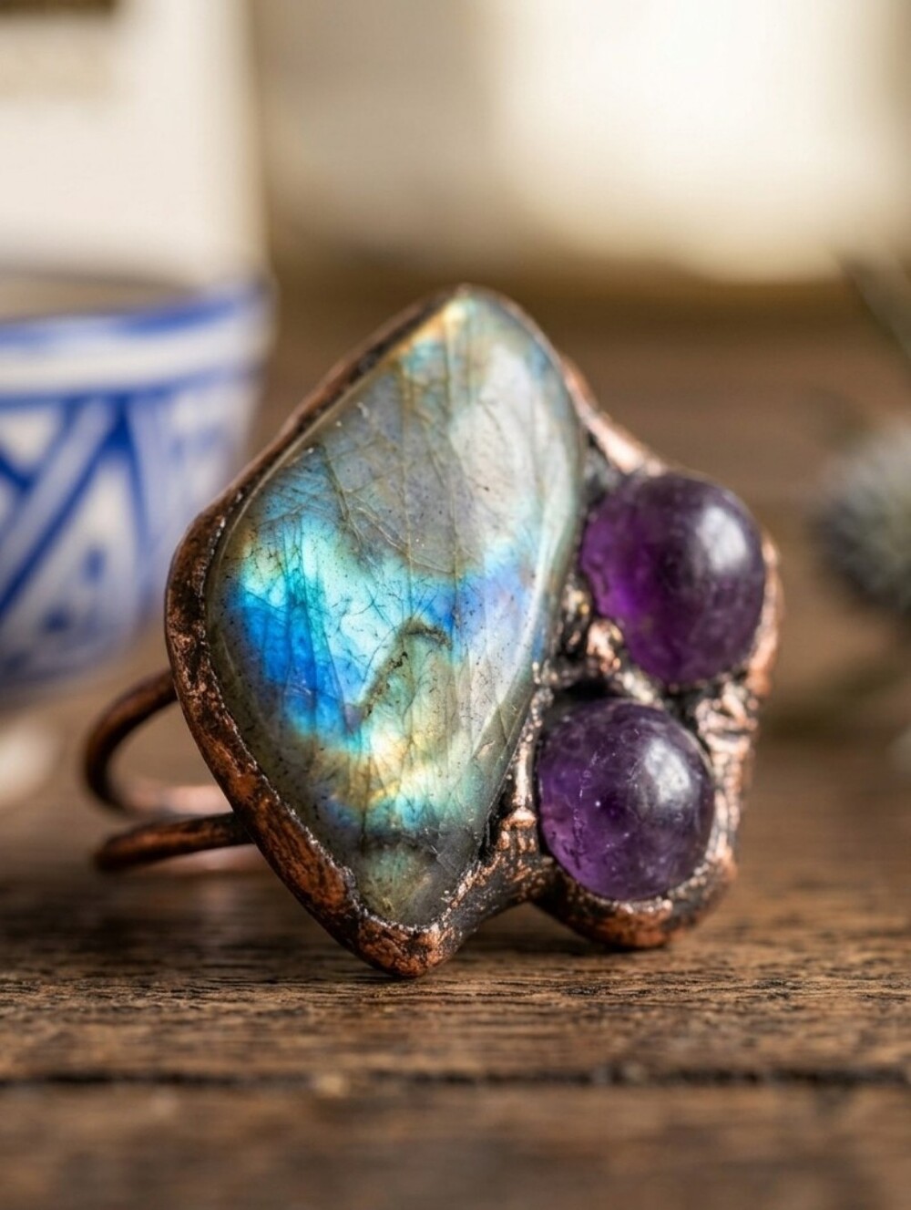 Genuine Labradorite Amethyst Rustic Copper Ring Boho Statement Adjustable 8-10